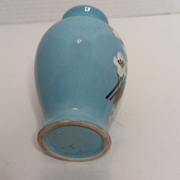 Vintage Hand Painted Cherry Blossom Branch Vase 6" Blue Ceramic Bohemian - Picture 5 of 10